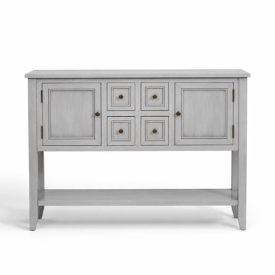 Console vintage avec beaucoup de rangement, quatre petits tiroirs, une tablette ouverte en bas et des placards fermés, table d'entrée robuste en bois
