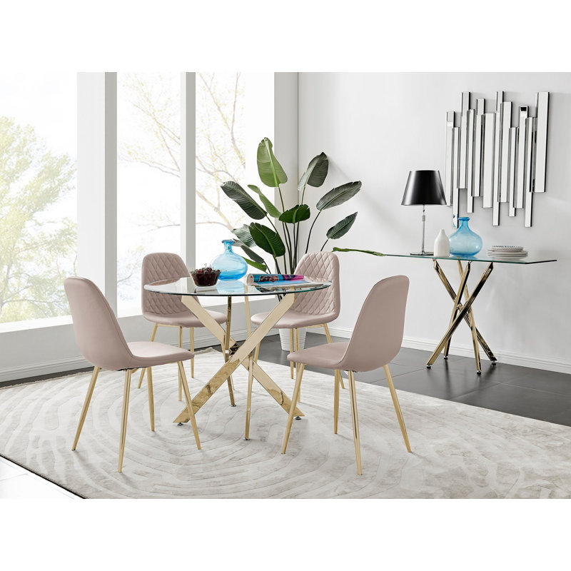 Tierra Chrome Metal and Glass Round Dining Table Set with 4 Faux Leather Upholstered Dining Chairs, Cappuccino Beige