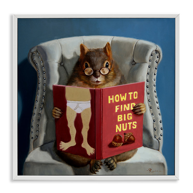 Squirrel Reading Red Book On Chair Sassy Humor by Lucia Heffernan - Painting, White Framed, 17" H x 17" W