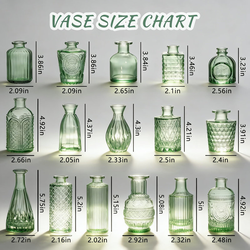 Ensemble de 16 vases en verre vert, mini vases gravés vintage pour centres de table, décoration de mariage et décoration intérieure
