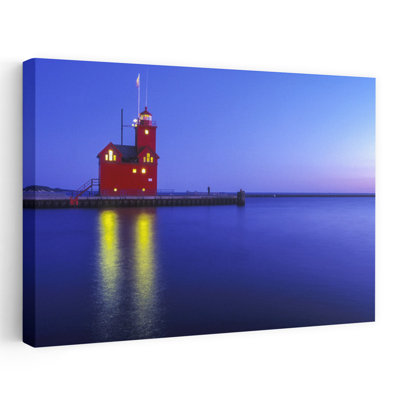 Big Red Lighthouse Reflected On Lake Michigan, Holland, Michigan, Usa Abstract Contemporary Architecture Landscape Wall Art