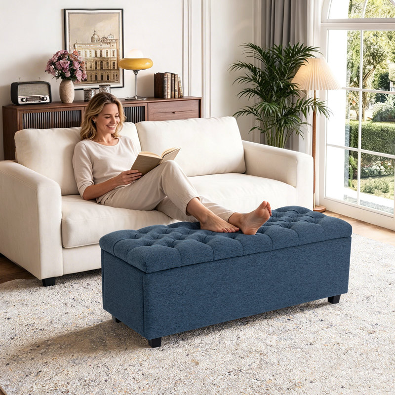 Banc ottoman de rangement classique rembourré, Blue, Blue