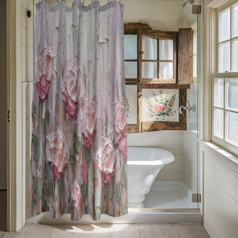Rideau de douche à motif floral Fotinas, H 74 po x l 71 po
