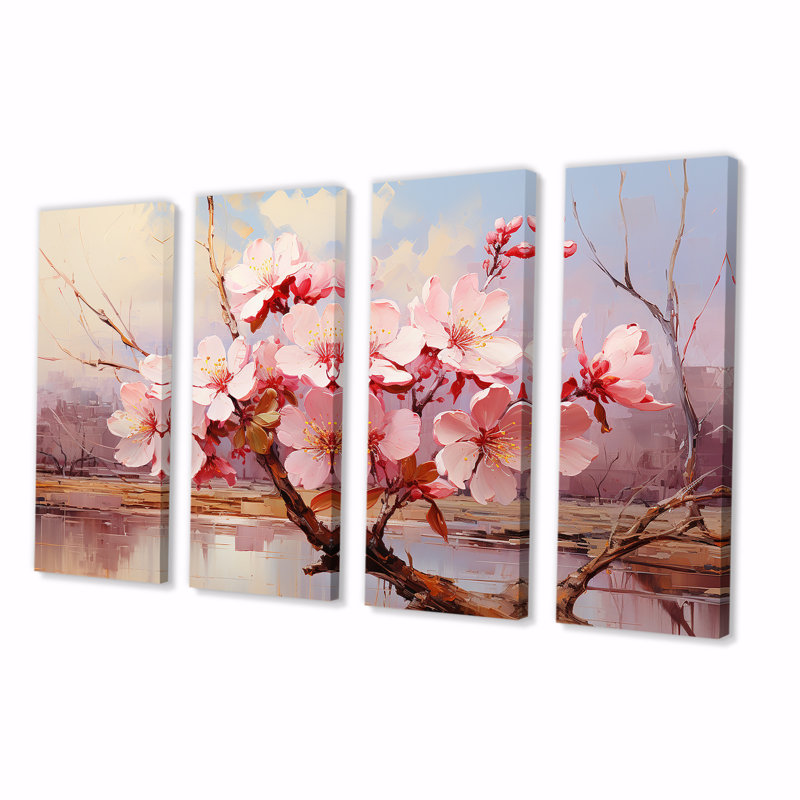 «Pink Whispering Cherry Blossoms II - Flowers», ensemble de 4 décorations murales, H 32 po x l 64 po