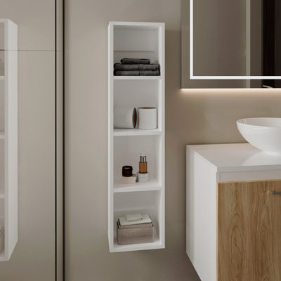 Armoire de rangement murale haute en bois manufacturé avec 4 tablettes ouvertes, organisateur de salle de bain mince