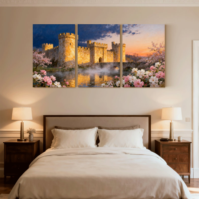 Ensemble de 3 impressions sur toile Mid-Century Castle Reflections Spring Blossoms Sunset Sky, H 24 po x l 48 po