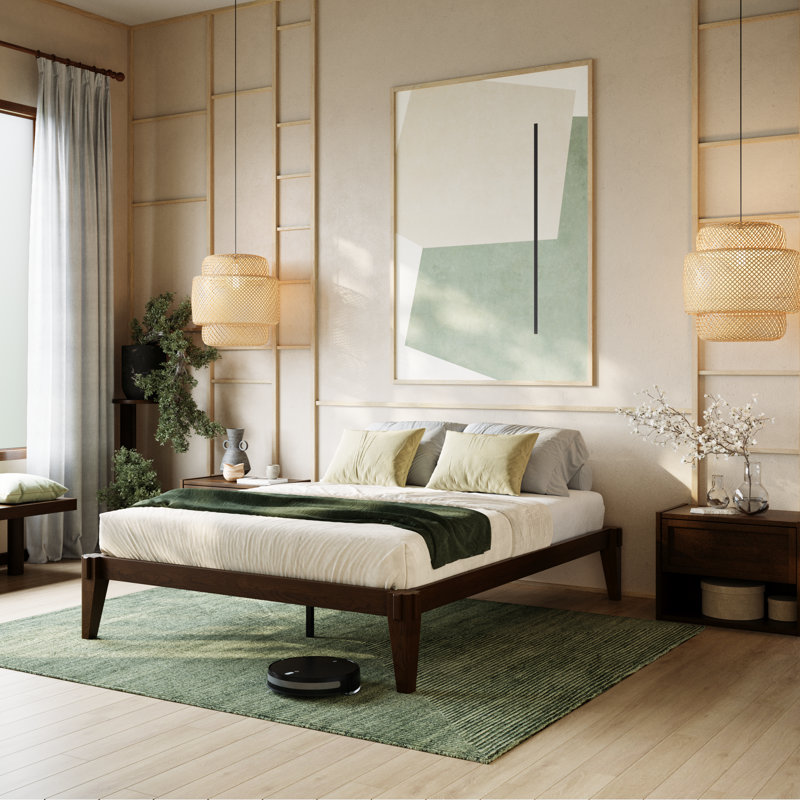 Jamerian Solid Wood Platform Bed Frame Without Headboard, Modern Bed, Full, Walnut