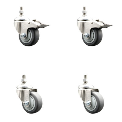 3.5 Inch_316SS_ Thermoplastic Rubber 12mm Stem Caster Set 2 Lock Brake SCC