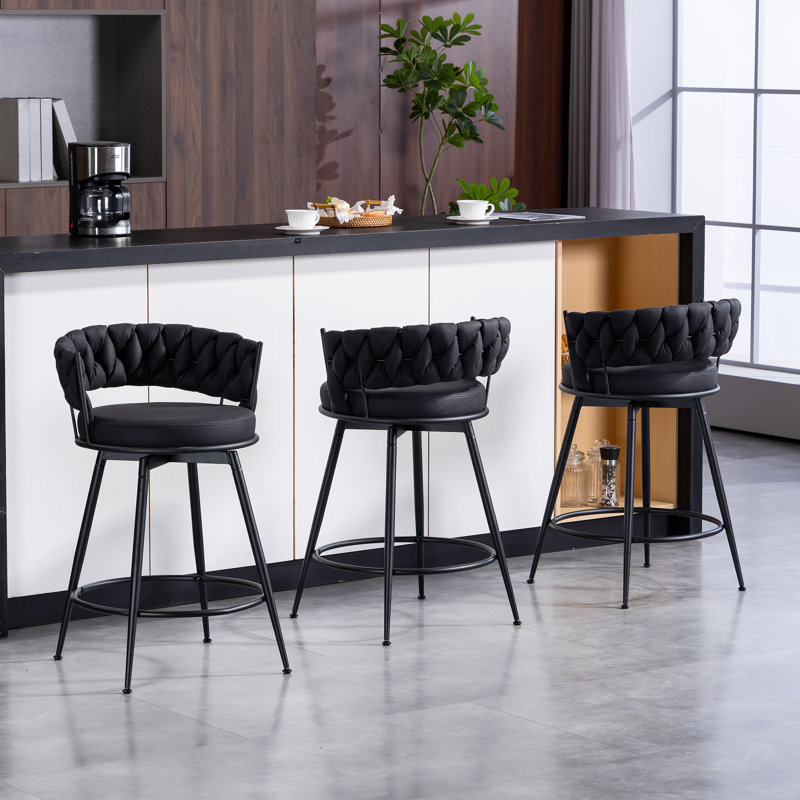 24" Counter Height Bar Stools Set of 4 - 360° Swivel with Suede Fabric & Modern Woven Design, Backrest & Footrest for Kitchen Cafe Pub