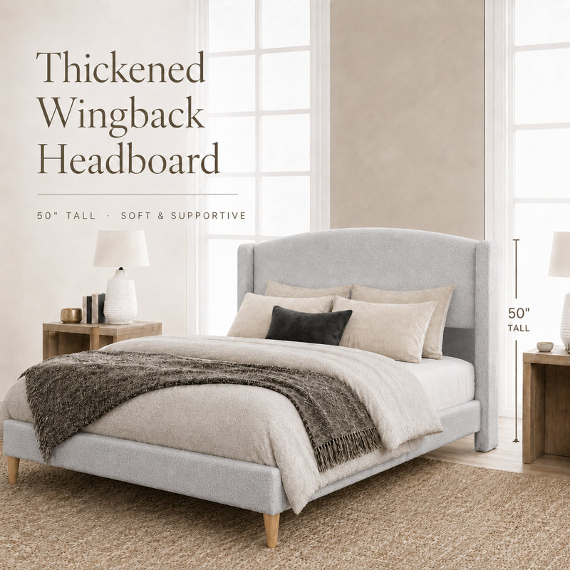  Queen Size French Retro Wingback Bed Frame, Teddy Fabric Upholstered, Sturdy Slat Support, No Box Spring Needed, Easy Assembly, Light Gray