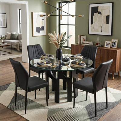 46" Round Tempered Glass Dining Table Set For 4 Or 6 With Metal Base And PU Leather Chairs