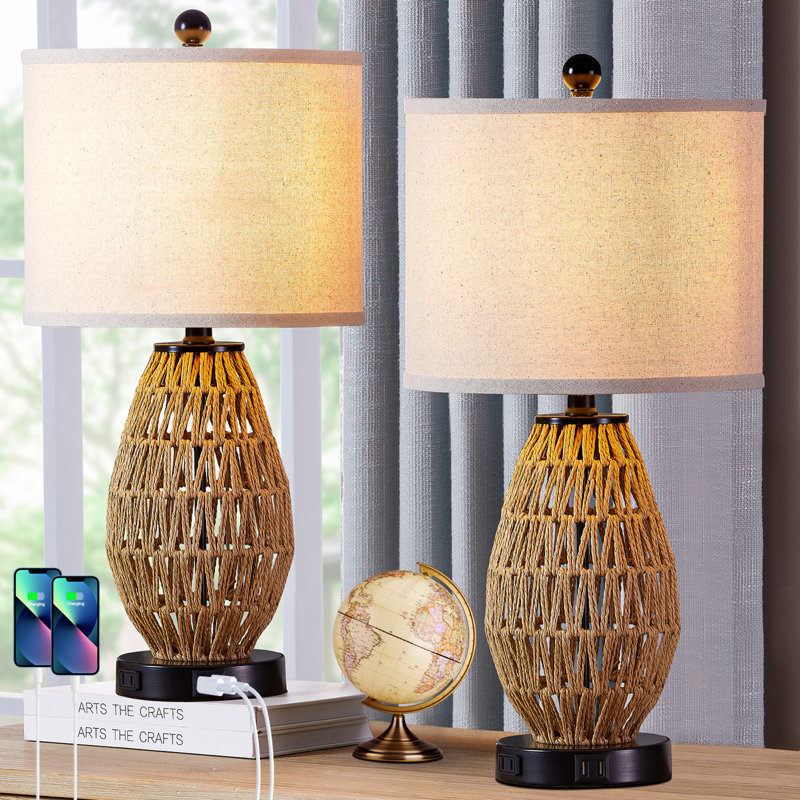 Adone 22.5" Rattan Table Lamp Set with USB Ports & Touch Control, Brown