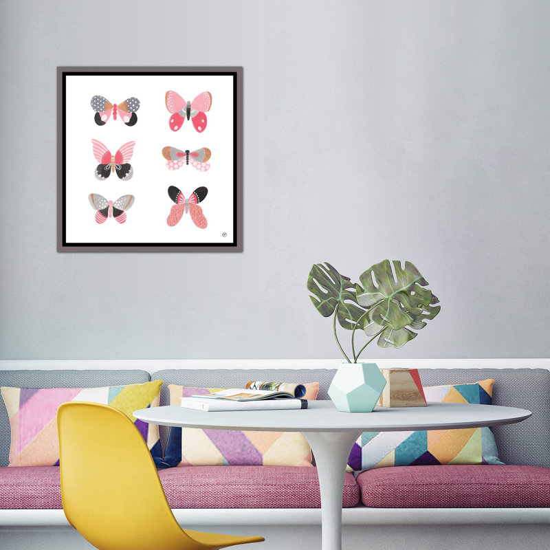 6 papillons art, Toile encadrée de bois rustique foncé, H 18 po x l 18 po x P 1,5 po
