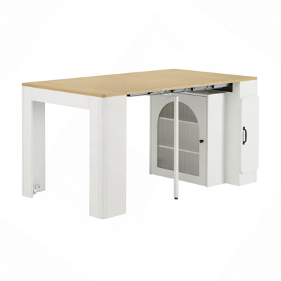 Table de salle à manger extensible avec 3 rallonges amovibles, table mobile pour îlot roulant avec prise de courant, armoire avec rangement pour la salle à manger et le salon