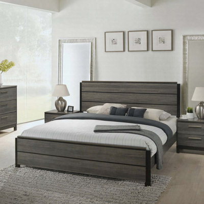 Contemporary Wood Panel Bed, Gray Finish