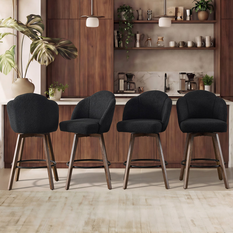27" Upholstered Swivel Counter & Bar Stools with Large Seat, 360° Swivel Kitchen Island Chairs with Solid Wood Legs, Black Sherpa, Set of 2