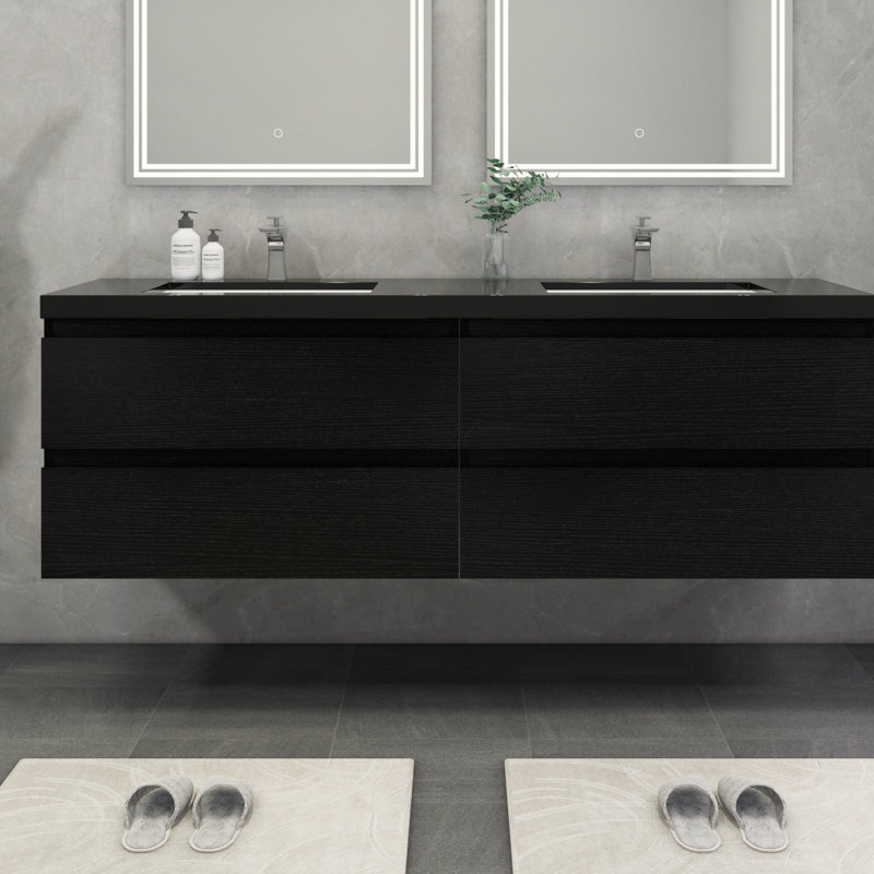 Kirker 72" Wall-Mounted Double Bathroom Vanity Set, Rich Matt Black