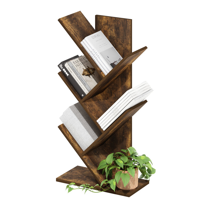 Korou Wood Geometric Bookcase, Amber Pine, (5 Shelves) 30.3" H x 15.7" W x 8.4" D