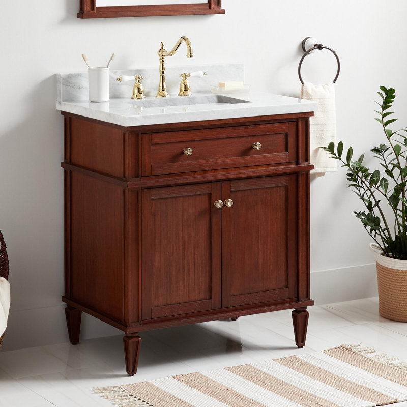 Elmdale 30" Freestanding Mahogany Single Basin Vanity Rectangular Undermount Sink, Charcoal Black, 8" Centers, Carrara Marble