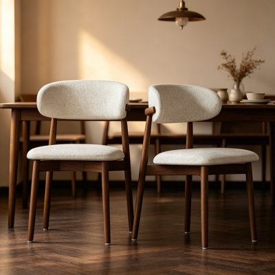 Set of 2 Solid Ash Wood Dining Chairs, Mid-Century Modern Hardwood Kitchen Side Chairs with Upholstered Seat and Ergonomic Curved Backrest, Japandi Style Heavy Duty 330 LBS Capacity-WALNUT