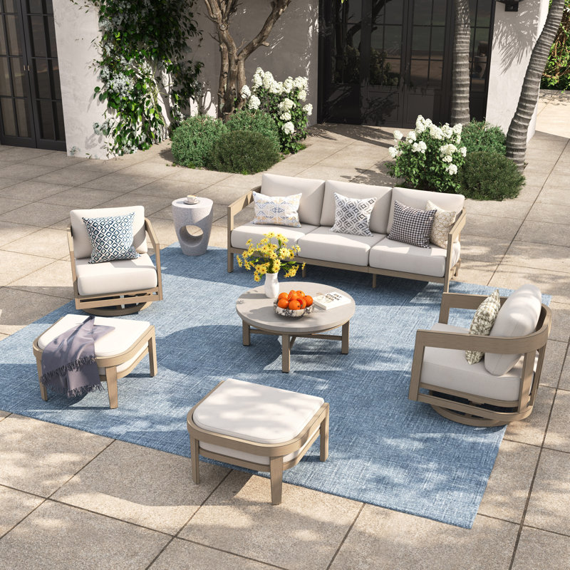 Harmonti Patio Aluminum 5 Person Swivel Conversation Set With Concrete Table And Ottomans