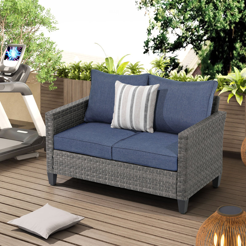 Wicker Outdoor Loveseat with Cushions, Gray Frame/Navy Cushion