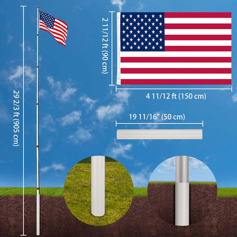 Ensemble de mât télescopique American, H 360 po x l 2 po, Argent argent