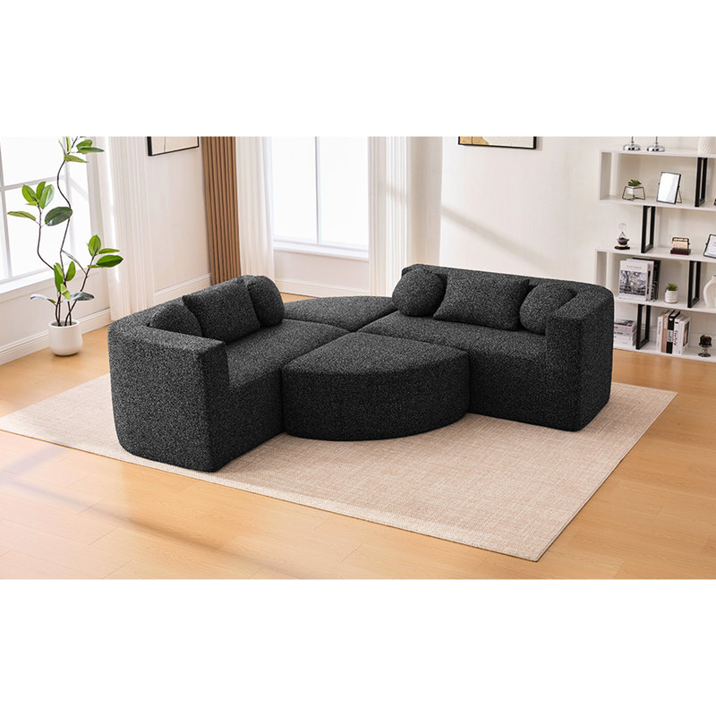 114.9" - Combined Boneless With Curved Design, Deep Seating, And Soft & Boucle For Living Room, 6 Seats, Black Sectional High Density Foam Core, Upholstery