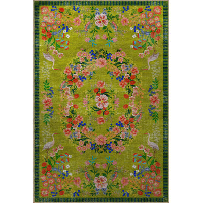 Washable Floral Green Theme Multicolor Flower Patterned Colorful Woven Area Rug