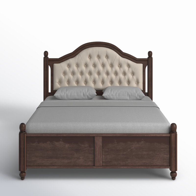 Walnut Queen Bed Frame with Upholstered Headboard and Wood Slat Support