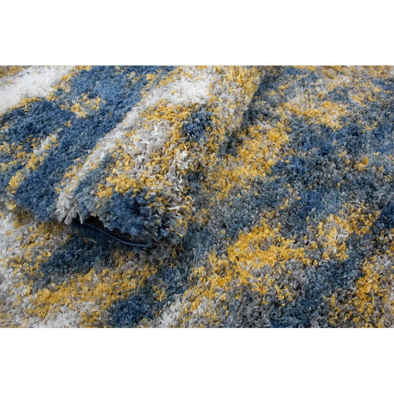 Tapis à poils longs bleu / or Madison, Tapis de couloir 2 pi 8 po x 9 pi 6 po