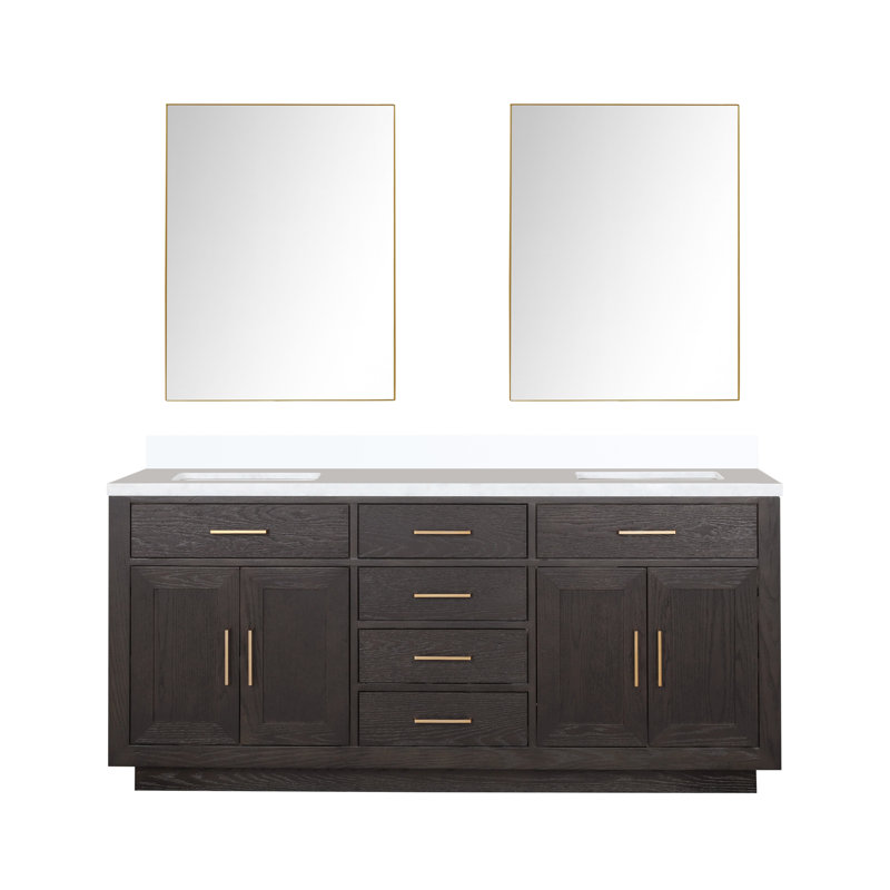 Ensemble de meuble-lavabo double 72 "avec miroir, Chêne brun, Marbre de culture blanc