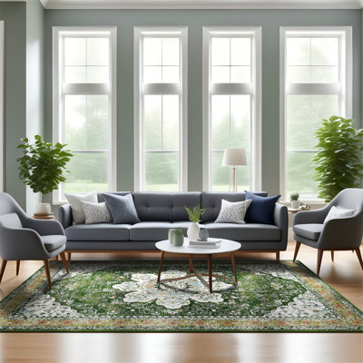 Machine Washable Non-Slip Green Oriental Area Rug