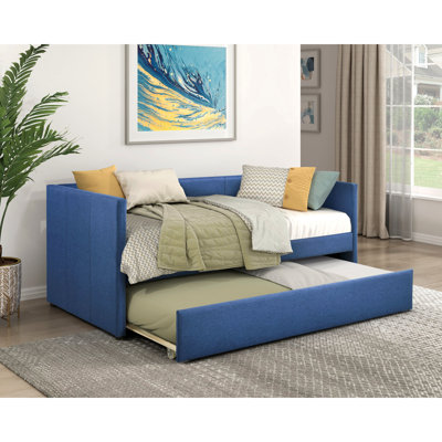 Lit de jour bleu rembourré avec lit gigogne mobile, tissu extensible pour la maison en bois massif, structure en bois