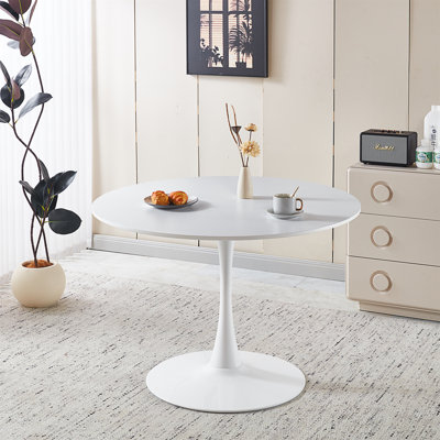 Table de salle à manger de style tulipe de 42,1 po de couleur blanche avec plateau rond en MDF pour 4-6 personnes (table incluse seulement)