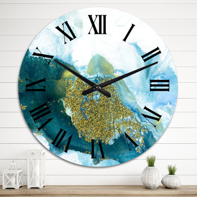 Blue and Glitter Gold Liquid Art - Modern Wall Clock