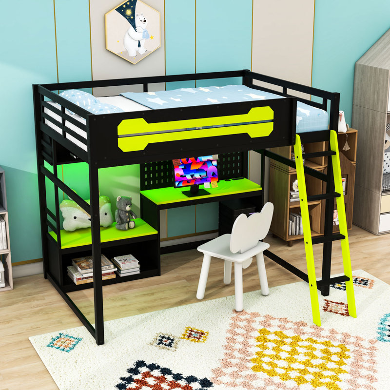 Full Loft Bed With Light Strips, USB Ports, Desk, Shelves And Pegboard, Black/Green