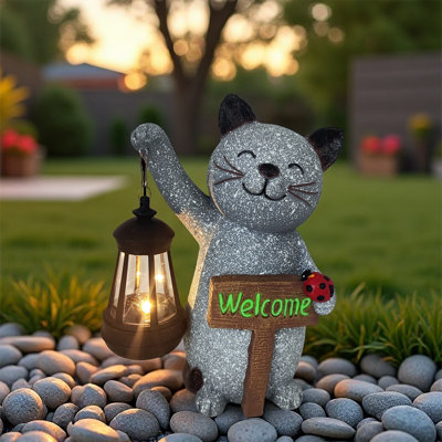 Halloween Decorations Solar Cat Statue Light Garden Decor, Led Home Outside Decor For Patio Yard Pool Front Porch Flower Pots, Solar Powered Welcome Cat Lantern Gardening Gifts