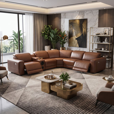 225 in. 6-Piece L-Shaped Leather Power Reclining Sectional Sofa Set with Wide Seat, Console & Cup Holders, Dark Brown