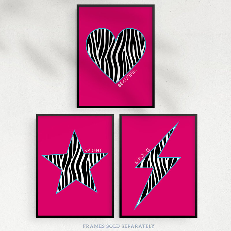 Zebra Pattern Heart Lightning Star Shape Motivational - 3 Piece No Frame Print Set, 40.5cm H x 30.5cm W x 0.3cm D