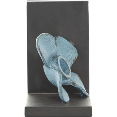 Metal Boat Decorative Bookends Distressed Propeller Non Skid Bookends With Brown L-Shaped Stands, Set Of 2 Office Bookends6 W, 7" H, Teal