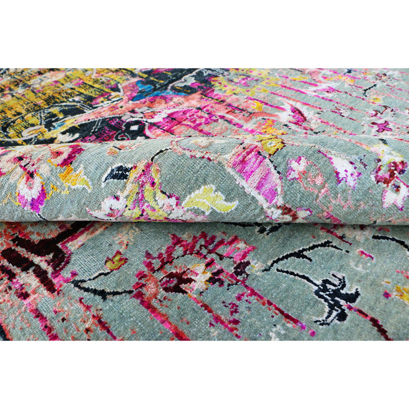 Hand Knotted Abstract Area Rug in Light Gray/Pink/Black/Blue, Rectangle 5' x 8'