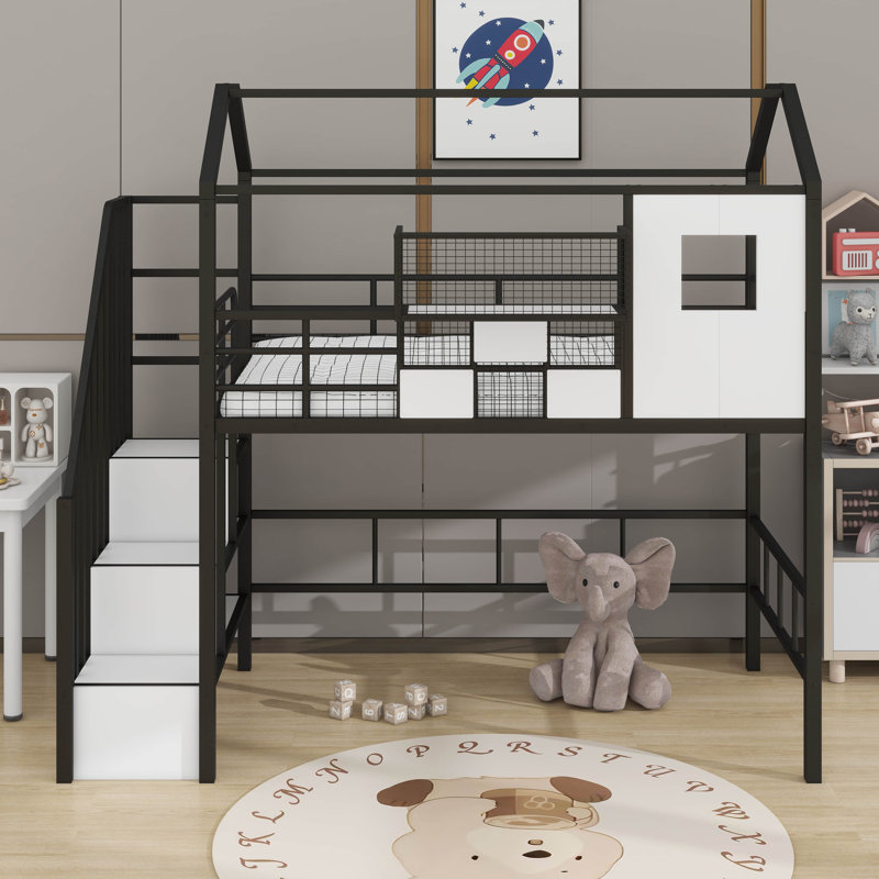 Twin Metal Loft Bed With Roof, Black