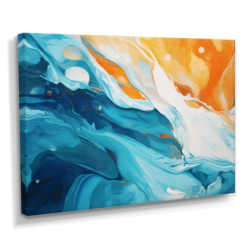 «Orange Blue Waves Reaching The Beach I», reproduction d'art abstrait à l'encre liquide, Wrapped Canvas, H 34 po x l 44 po