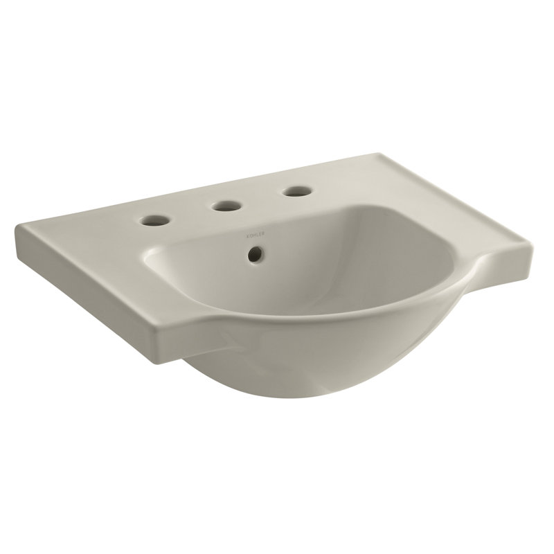 Veer Ceramic Pedestal Bathroom Sink with Overflow, Sandbar, 8.04" H x 21" L x 18.25" W, 8" Centers
