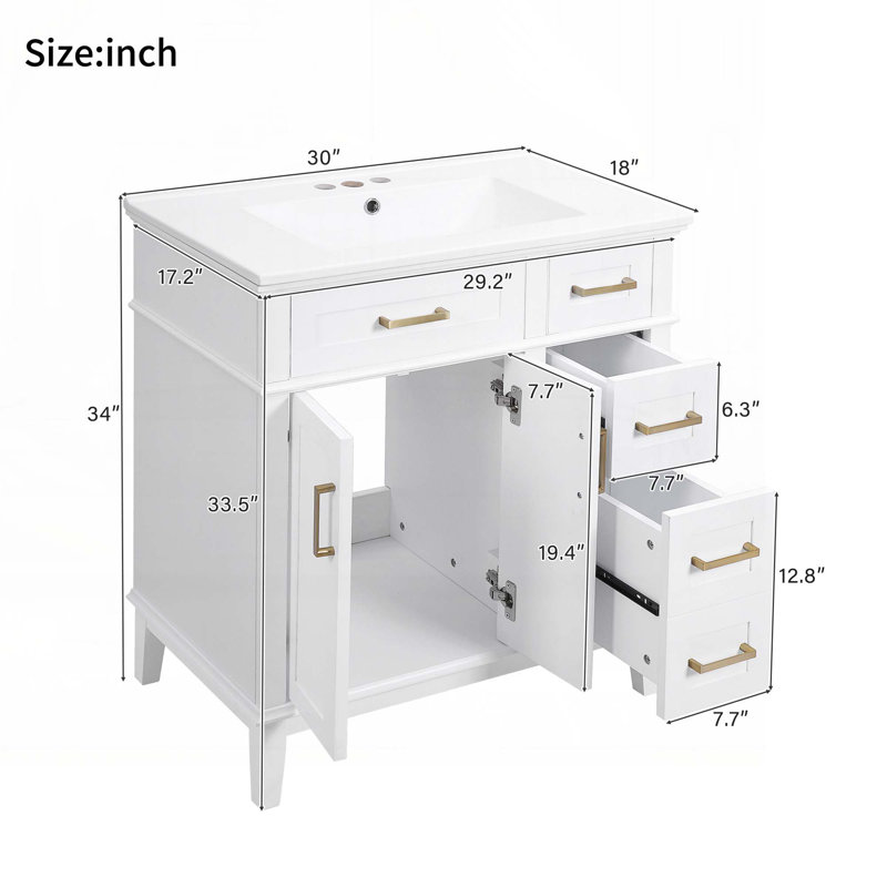 Meuble-lavabo 30 po avec lavabo en céramique, Blanc