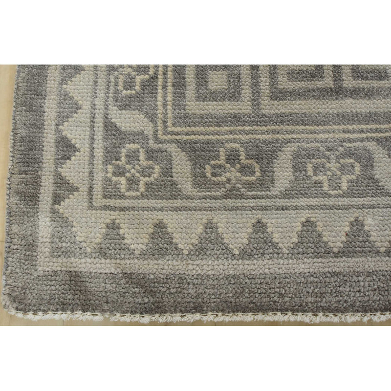 Tapis gris en laine noué à la main de conception unique 8 pi 2 po x 9 pi 10 po