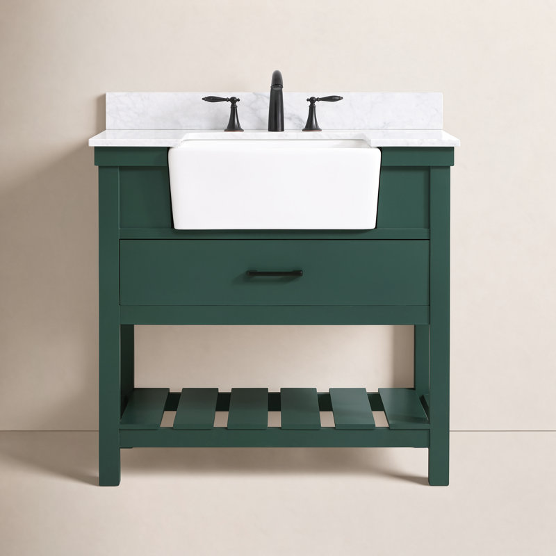 36 " W Freestanding Standard Free Standing 1 Single Vanity Bathroom Vanity With Marble Top, Green