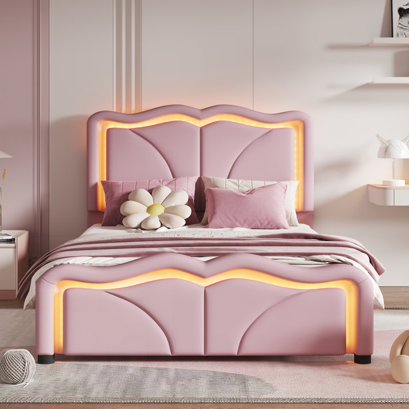 Lit plateforme tapissier avec tête de lit courbée, bandes lumineuses à DEL et hauteur réglable pour les chambres à coucher modernes