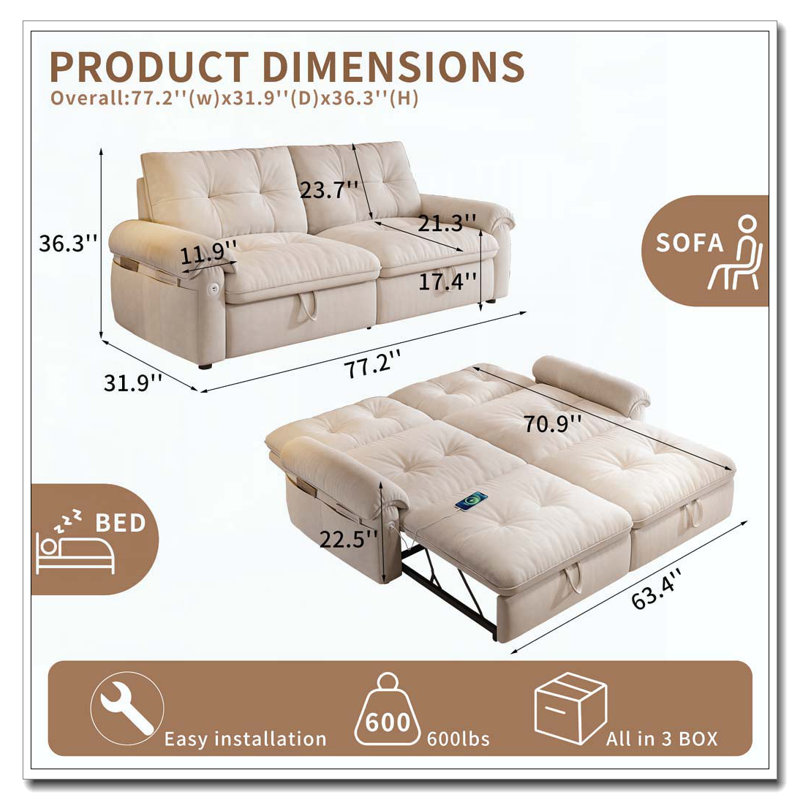 Velvet Multifunctional Sofa Convertible Sofa Bed, Beige